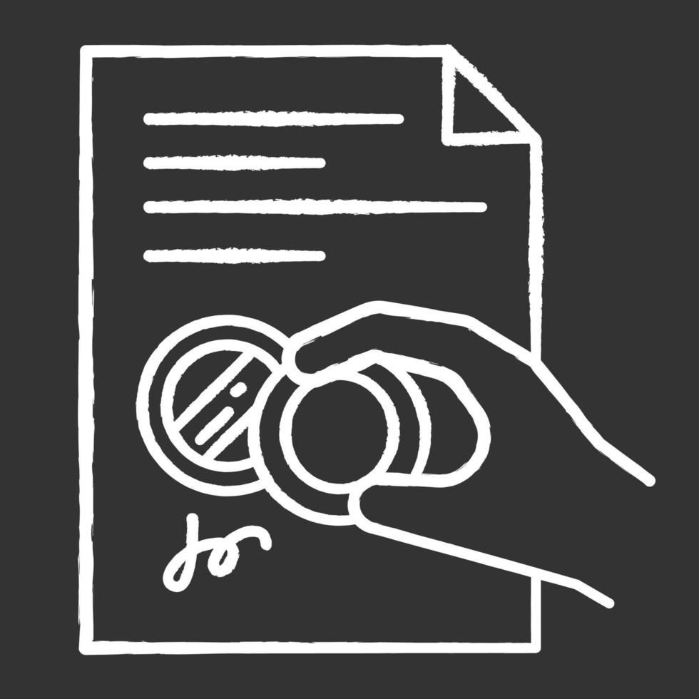 hand met stempel krijt wit pictogram op zwarte achtergrond. ondertekend notarieel document. apostille en legalisatie. contract. wettelijke overeenkomst. notaris diensten. geïsoleerde vector schoolbordillustratie