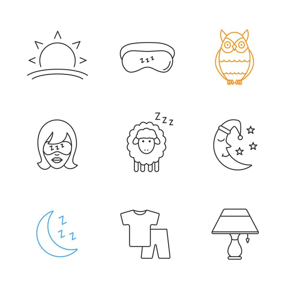 slapen accessoires lineaire iconen set. dunne lijn contour symbolen. zonsondergang, vrouw met slaapmasker, uil, schaap, maan, pyjama, tafellamp. geïsoleerde vectoroverzichtsillustraties vector