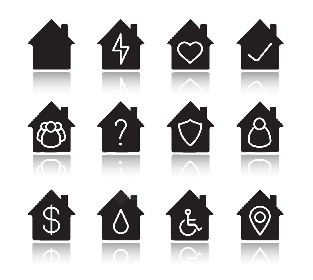 huizen slagschaduw zwarte glyph pictogrammen instellen. huisgebouwen met bliksem, hart, vinkje en vraagtekens, mensen, rolstoel, beschermingsschild, dollarteken binnen. geïsoleerde vectorillustraties vector