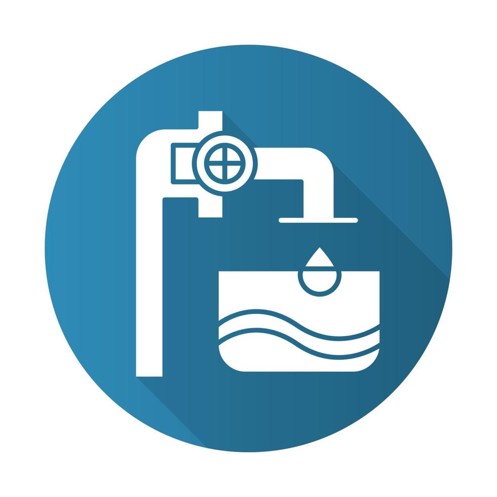 water industrie blauw plat ontwerp lange schaduw glyph pictogram. blauwe heldere vloeistof in container. buizen en kleppen. waterbouwkunde. diensten voor de productie van dranken. vector silhouet illustratie