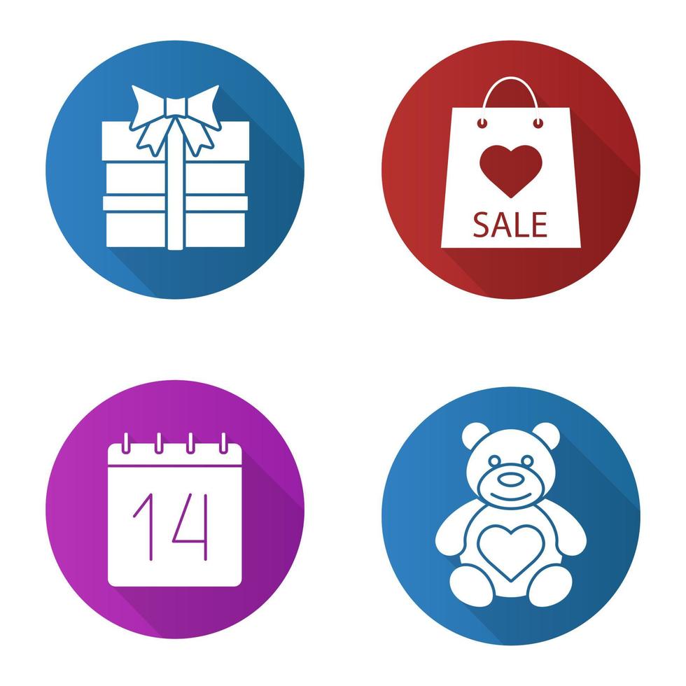 Valentijnsdag platte ontwerp lange schaduw iconen set. teddybeer, 14 februari, geschenkdoos, Valentijnsdag verkoop. vector silhouet illustratie