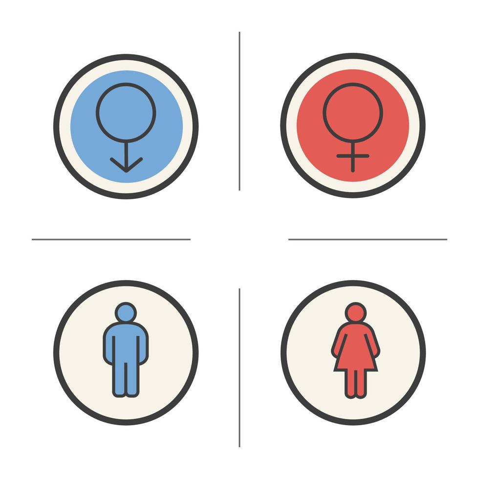 geslacht symbolen. gekleurde pictogrammen instellen. man en vrouw wc toilet deur borden. geïsoleerde vectorillustraties vector