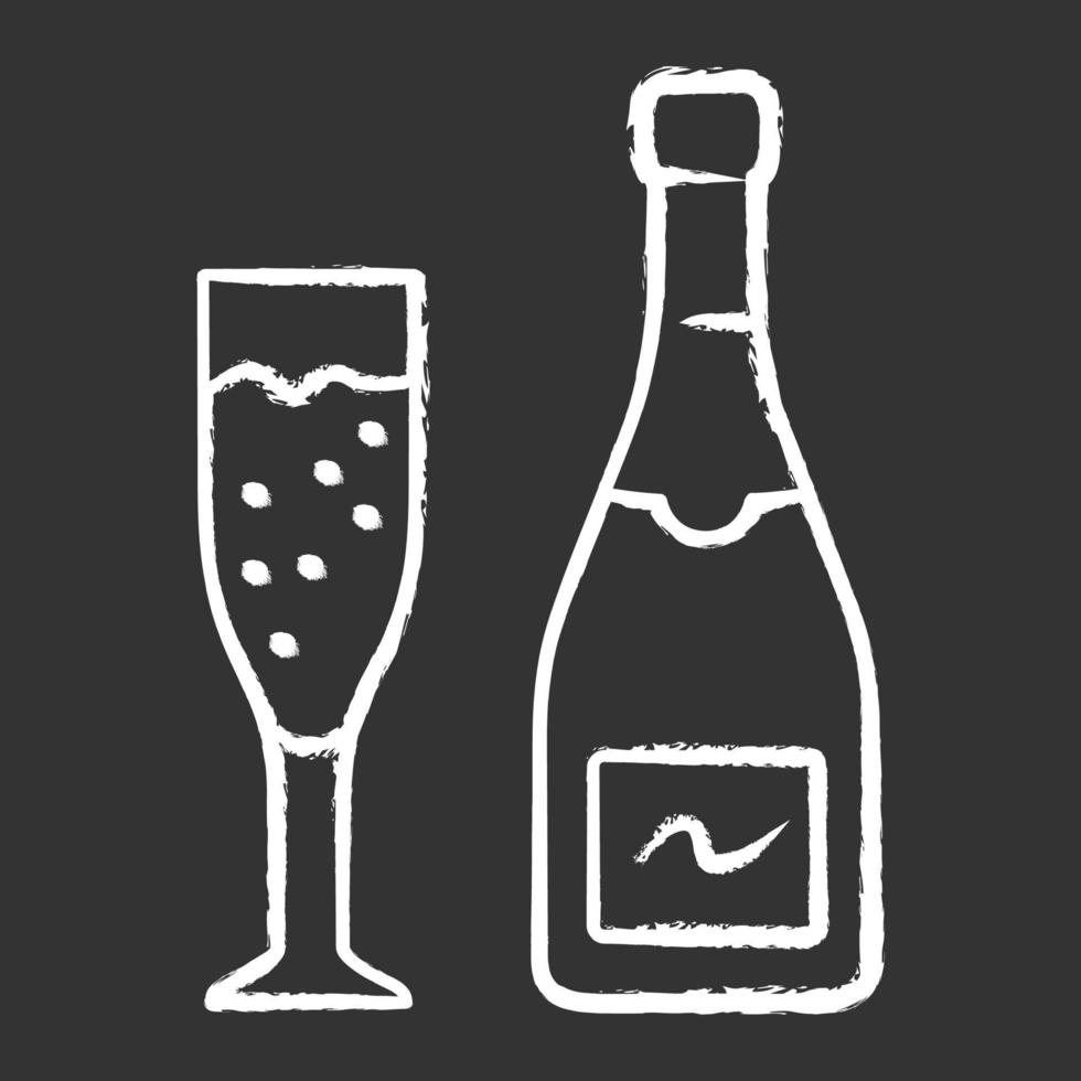 champagne krijt pictogram. ontkurkte fles en fluitglas mousserende wijn. bruisende drank voor vakantie vieren. champagne. verjaardag, verjaardagsdrankje. geïsoleerde vector schoolbordillustratie