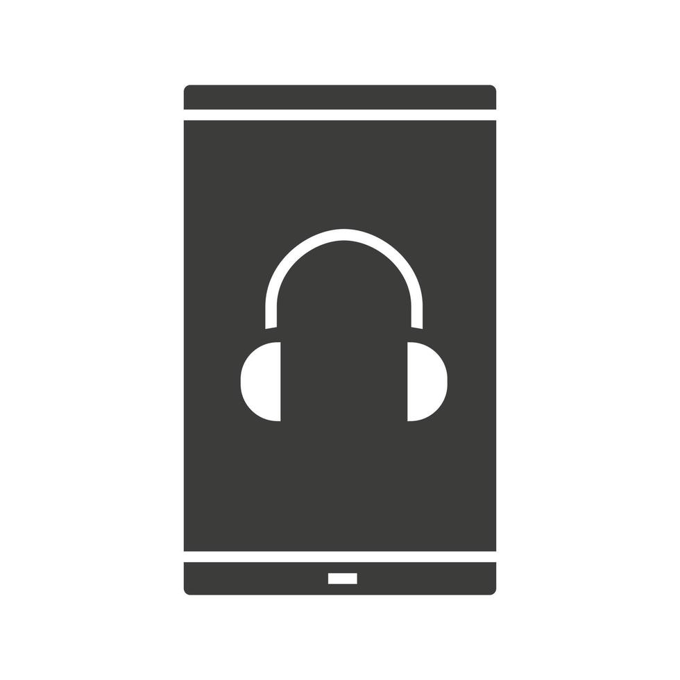 smartphone muziekspeler icoon. silhouet symbool. slimme telefoon met koptelefoon. negatieve ruimte. vector geïsoleerde illustratie