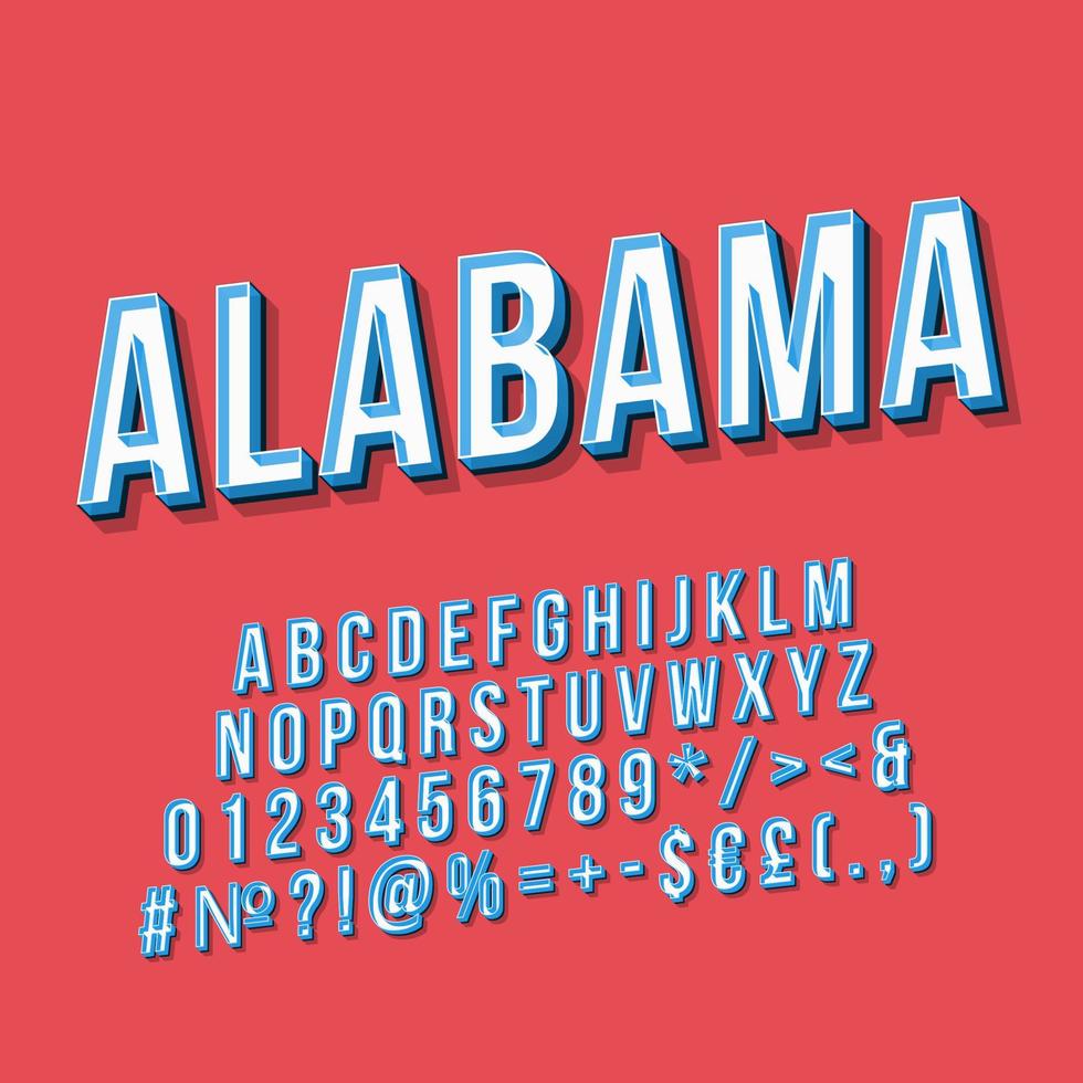 alabama vintage 3D-vector belettering. retro vet lettertype, lettertype. popart gestileerde tekst. oude schoolstijl letters, cijfers, symbolen, elementenpakket. Jaren '90, '80 poster, spandoek. keizerlijke kleur achtergrond vector