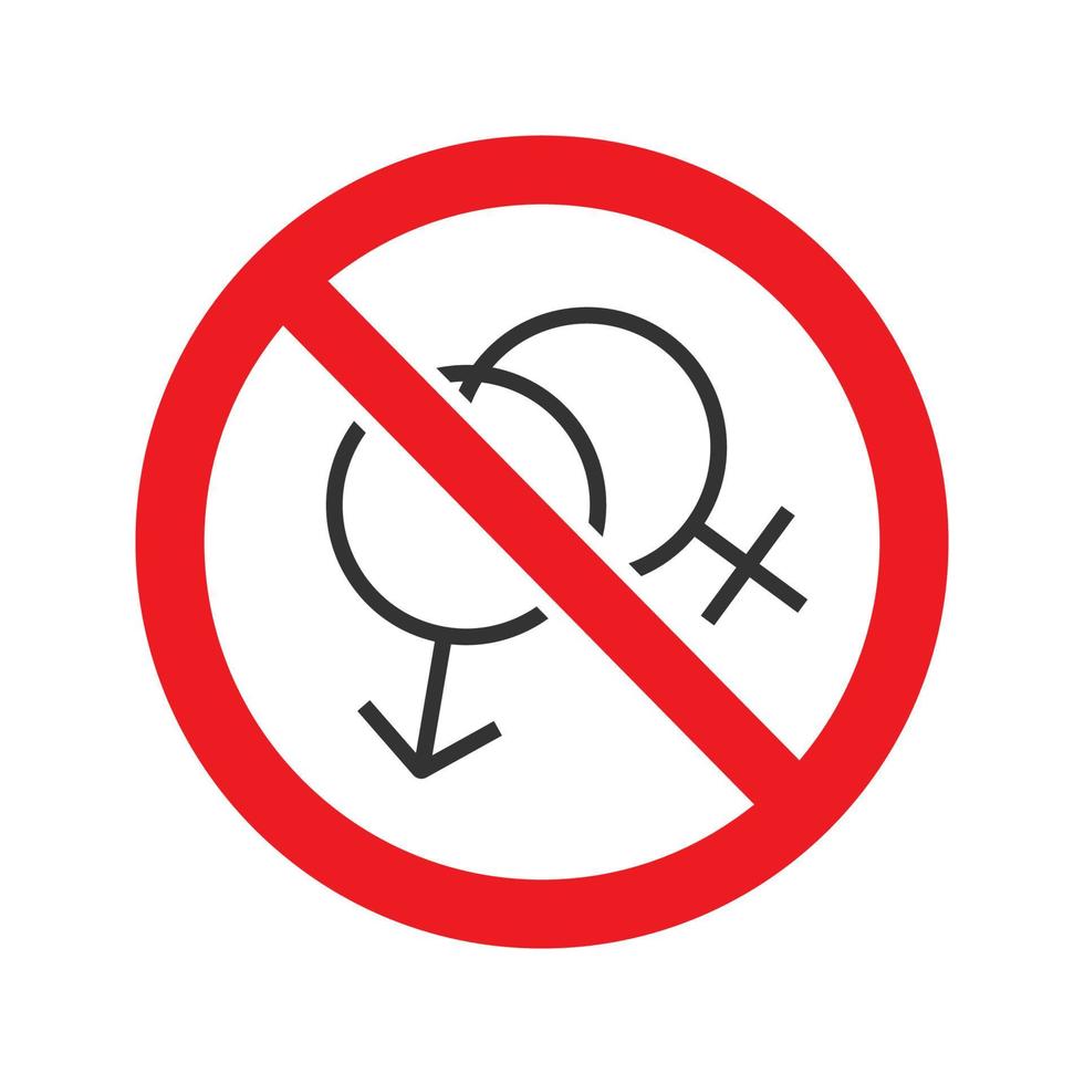 verbodscirkel met mannelijke en vrouwelijke tekens glyph-pictogram. stop silhouet symbool. geen seks verboden teken. negatieve ruimte. vector geïsoleerde illustratie