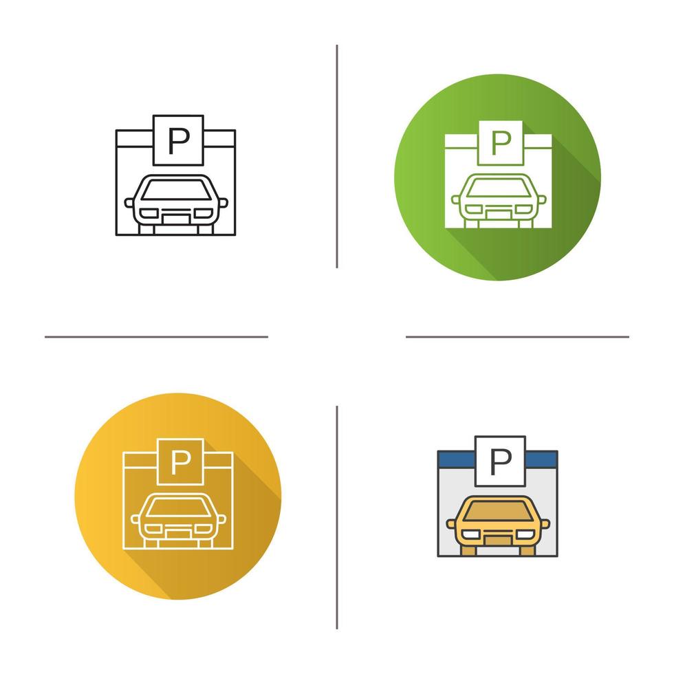 parkeerplaats pictogram. plat ontwerp, lineaire en kleurstijlen. auto schuur. autogarage met p-teken. geïsoleerde vectorillustraties vector