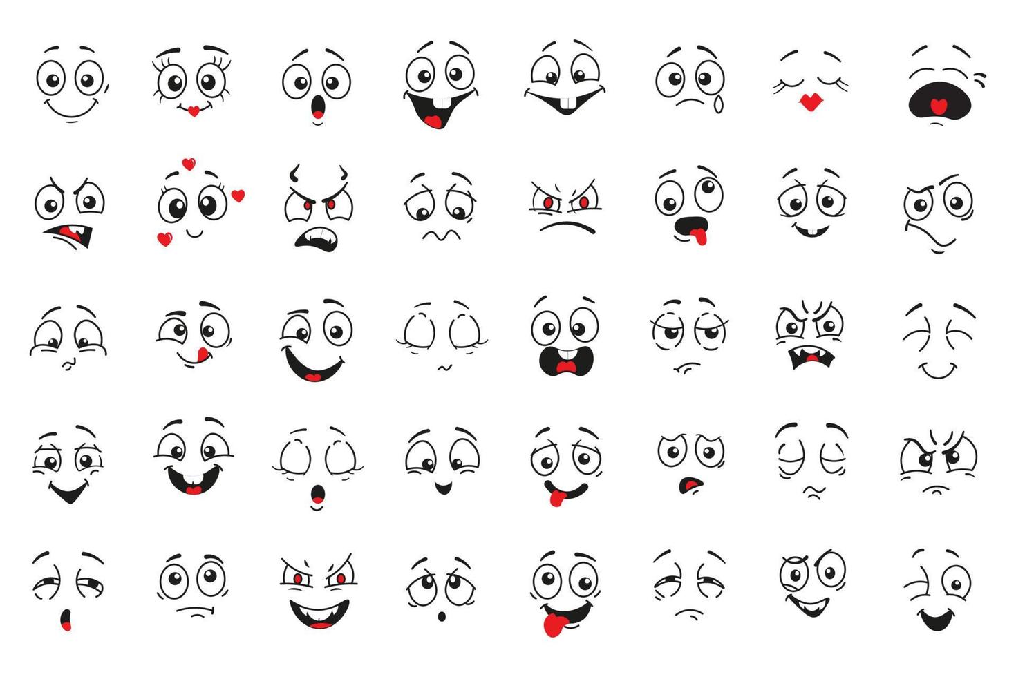 cartoon comics gezichten set, glimlachen, huilen en verrast karakter gezicht iconen vector