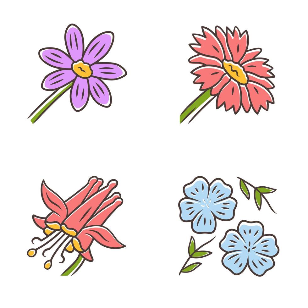 wilde bloemen gekleurde pictogrammen instellen. coreopsis, karmozijnrode akelei, blauw vlas, dekenbloem. bloeiende wilde bloemen. lente bloesem. veld, weide kruidachtige planten. geïsoleerde vectorillustraties vector