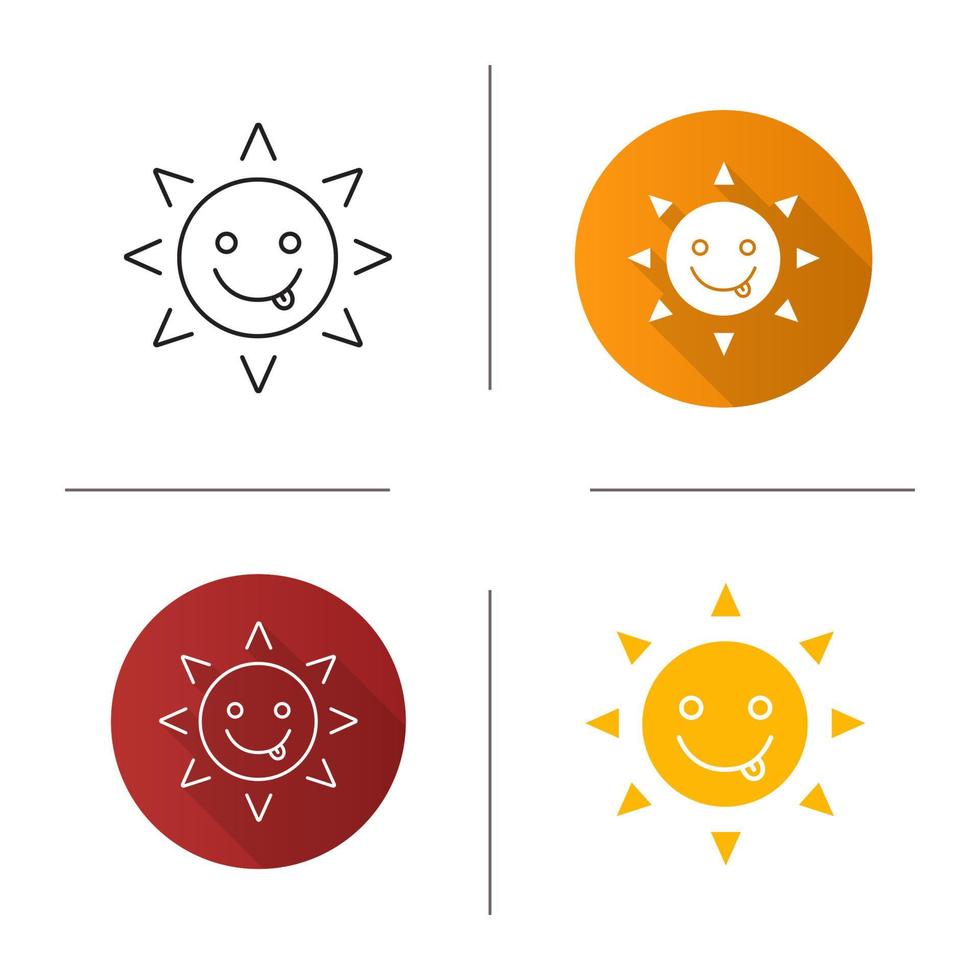 lekker zon glimlach icoon. plat ontwerp, lineaire en kleurstijlen. dwaze, gekke, dwaze zon-emoticon. geïsoleerde vectorillustraties vector