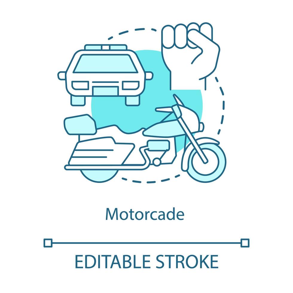 colonne concept icoon. voertuigen processie idee dunne lijn illustratie. politieauto, motorfiets en vuist vector geïsoleerde overzichtstekening. politiek transport, veiligheidskonvooi. bewerkbare streek