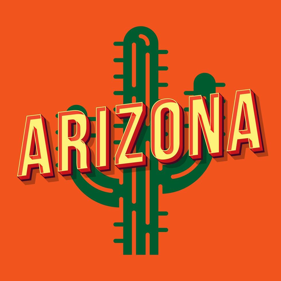 Arizona vintage 3D-vector belettering. retro vet lettertype, lettertype. popart gestileerde tekst. brieven in oude schoolstijl. 90s, 80s poster, banner, t-shirt typografieontwerp. oranje kleur achtergrond met cactus vector