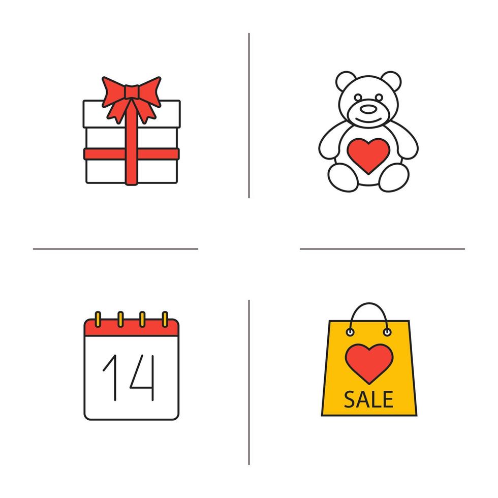 Valentijnsdag gekleurde pictogrammen instellen. teddybeer, 14 februari, geschenkdoos, Valentijnsdag verkoop. geïsoleerde vectorillustraties vector