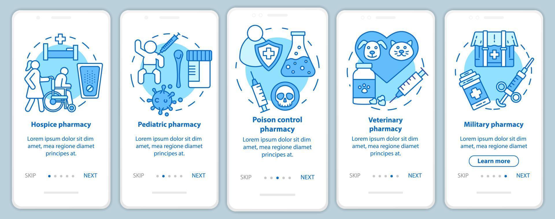 apotheek branchase onboarding mobiele app paginascherm met lineaire concepten. hospice en kindermedicatie. vijf walkthrough stappen grafische instructies. ux, ui, gui vectorsjabloon met illustraties vector