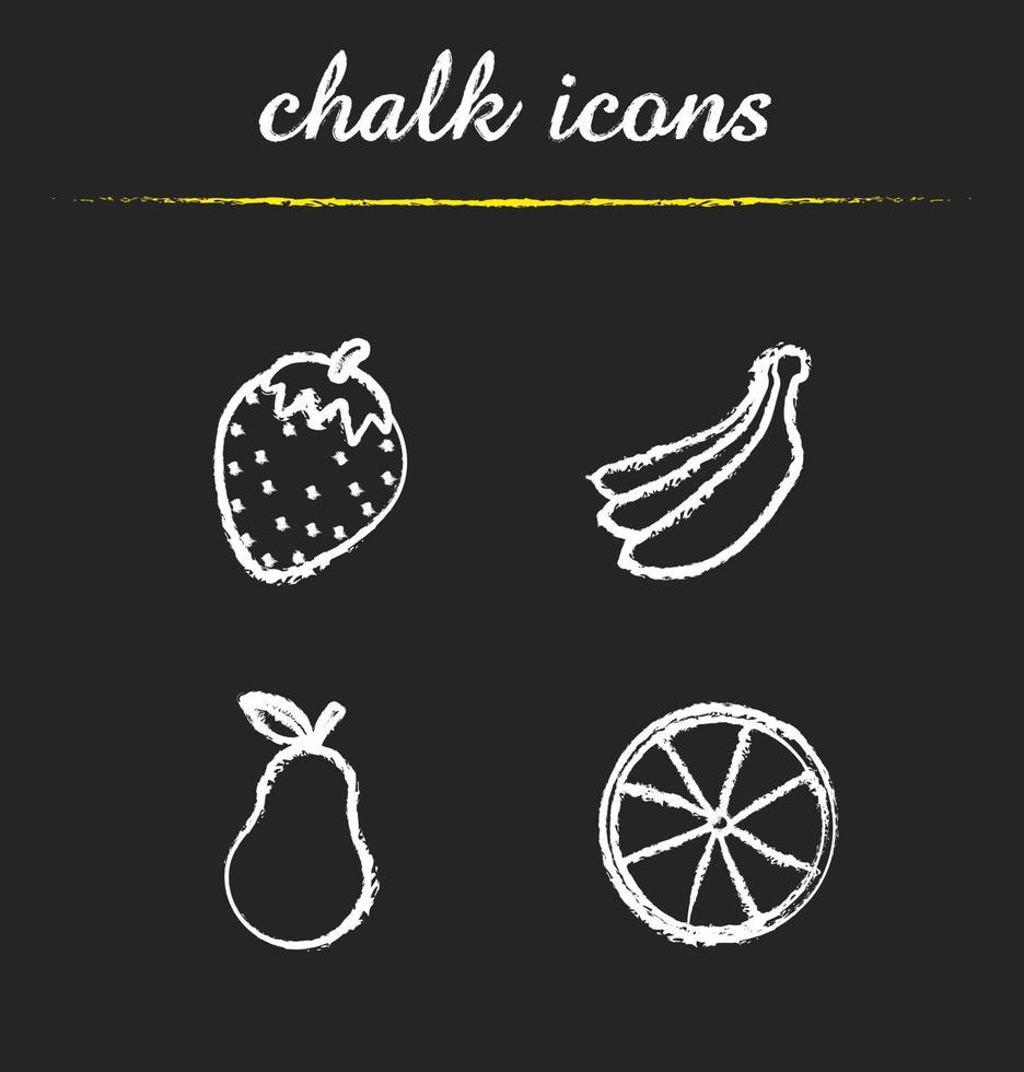 fruit krijt pictogrammen instellen. aardbei, bananenbundel, peer, sinaasappel. geïsoleerde vector schoolbord illustraties