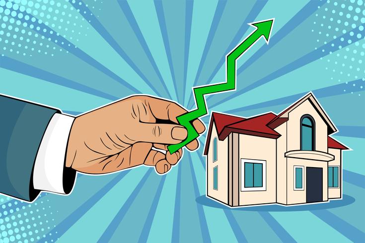 Stijgende huizenprijzen. De mens houdt groene pijl in zijn hand op huis tegen. Beeldverhaal grappige vectorillustratie in pop-art retro stijl. vector