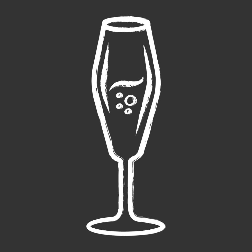 fluit wijnglas krijt icoon. mousserende wijn, champagne. alcoholische drank met bubbels. zoete aperitiefdrank. servies, glaswerk. bar, restaurant. geïsoleerde vector schoolbordillustratie