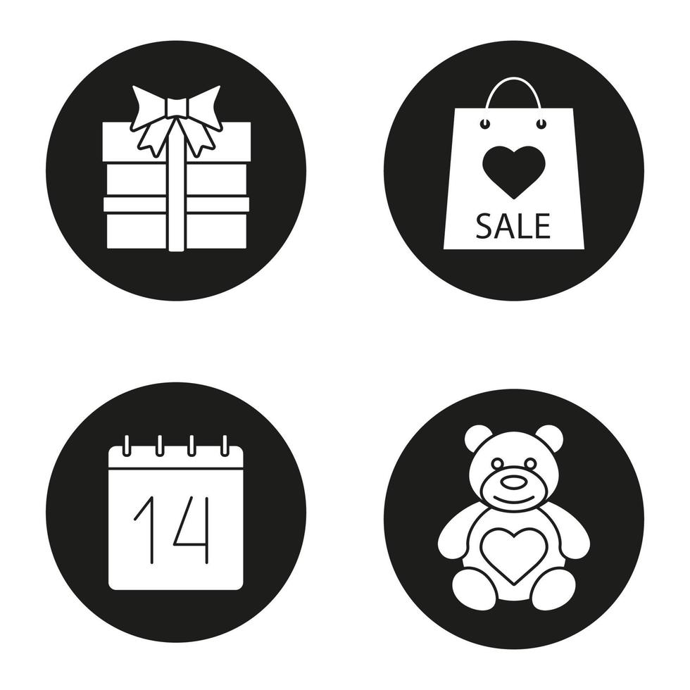 Valentijnsdag pictogrammen instellen. teddybeer, geschenkdoos, 14 februari kalender, Valentijnsdag verkoop. vector witte silhouetten illustraties in zwarte cirkels