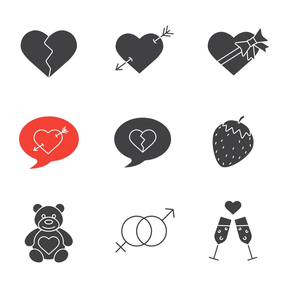 Valentijnsdag pictogrammen instellen. 14 februari silhouet symbolen. liefdesverdriet, liefdesboodschappen, seks en erotische symbolen, champagne, teddybeer, pijldoorborend hart, snoepdoos. vector geïsoleerde illustratie