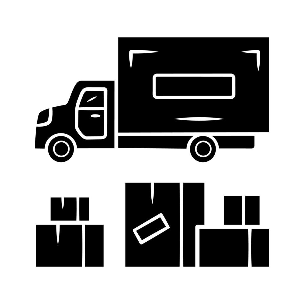 glyph-pictogram voor levering van zware goederen. vrachtvervoer vrachtwagen. vrachtvervoer vrachtwagen. bestelbus. posterijen. export en import. silhouet symbool. negatieve ruimte. vector geïsoleerde illustratie