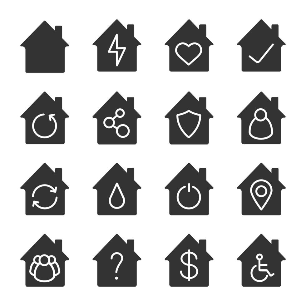 huizen glyph pictogrammen instellen. silhouet symbolen. huis gebouwen met man, hart, groep mensen, dollarteken, rolstoel, vraag en maatstreepjes binnen. vector geïsoleerde illustratie