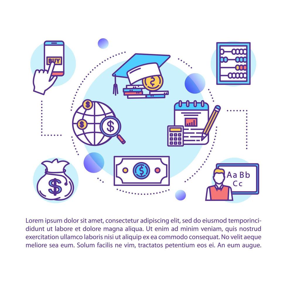 onderwijs betalingsconcept icoon met tekst. cursus kopen. studenten krediet. collegegeld. studiebeurs. artikel pagina vector sjabloon. brochure, tijdschrift, boekje ontwerpelement met lineaire illustraties