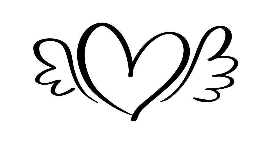 Vector Valentines Day Hand getrokken kalligrafische hart met vleugels. Vakantie ontwerp element valentine. Icoon liefdes decor voor web, bruiloft en print. Geïsoleerde kalligrafie belettering illustratie