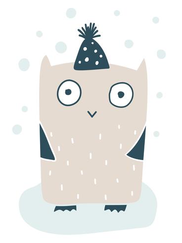 Leuke vector kleine uil in wintercap. Handgetekende doodle schets illustratie in Scandinavische stijl