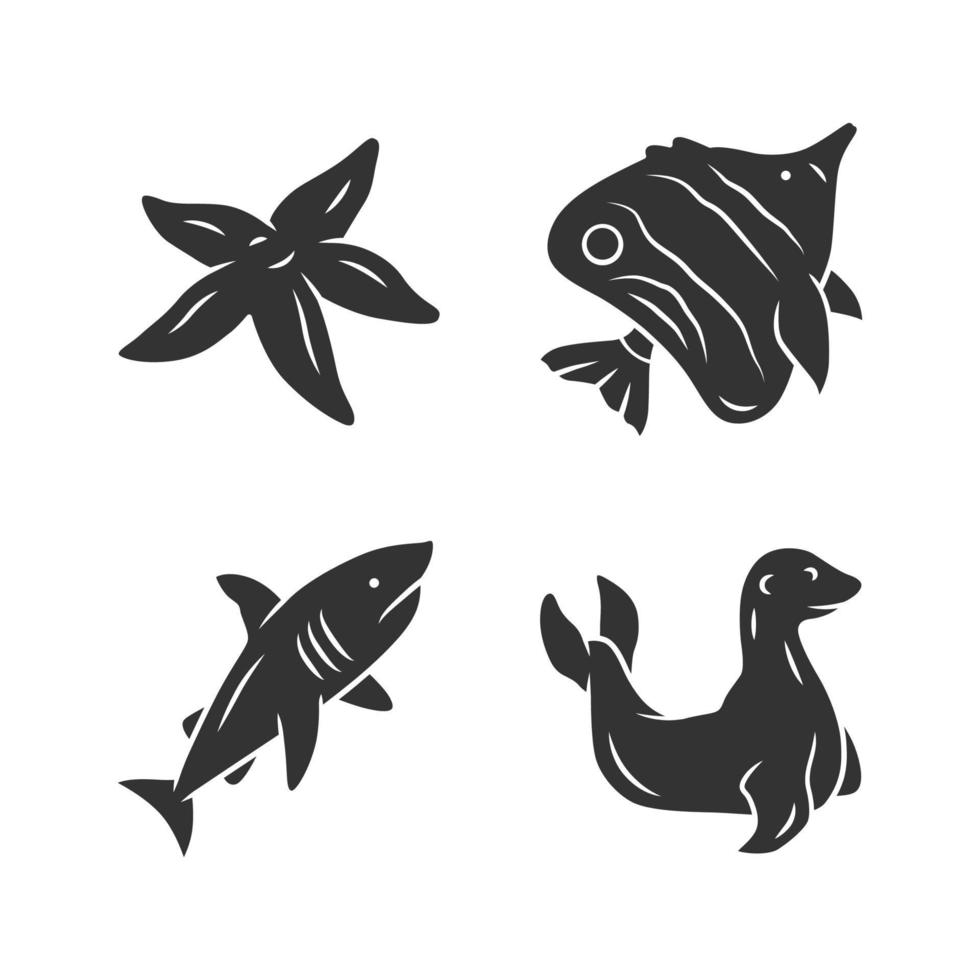 zeedieren glyph pictogrammen instellen. zeester, vlindervis, haai, zeehond. oceaan onderwater dieren in het wild. aquatische vissoorten. onderzeese wereld. oceanografie. silhouet symbolen. vector geïsoleerde illustratie