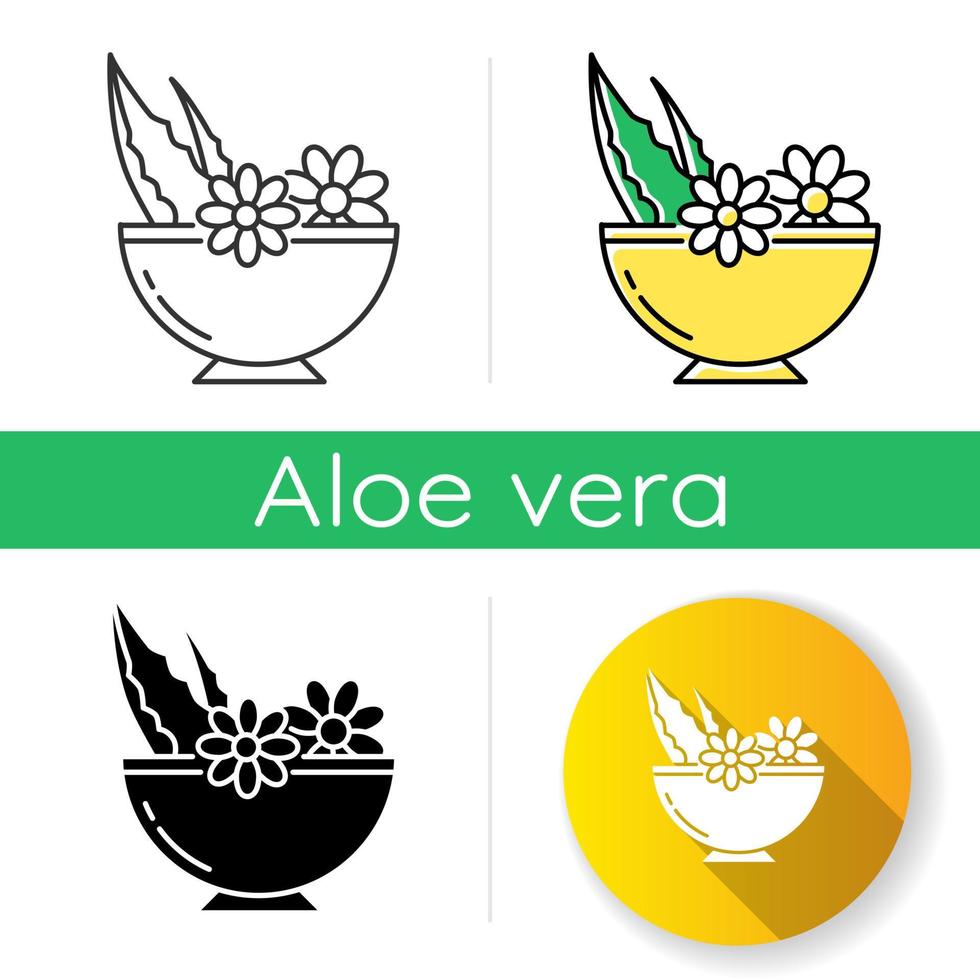 bladeren in kom icoon. geneeskrachtige kruiden en bloemen in mortel. botanische ingrediënten voor biologische cosmetica. natuurlijke huidverzorging. lineaire zwarte en rgb-kleurstijlen. geïsoleerde vectorillustraties vector