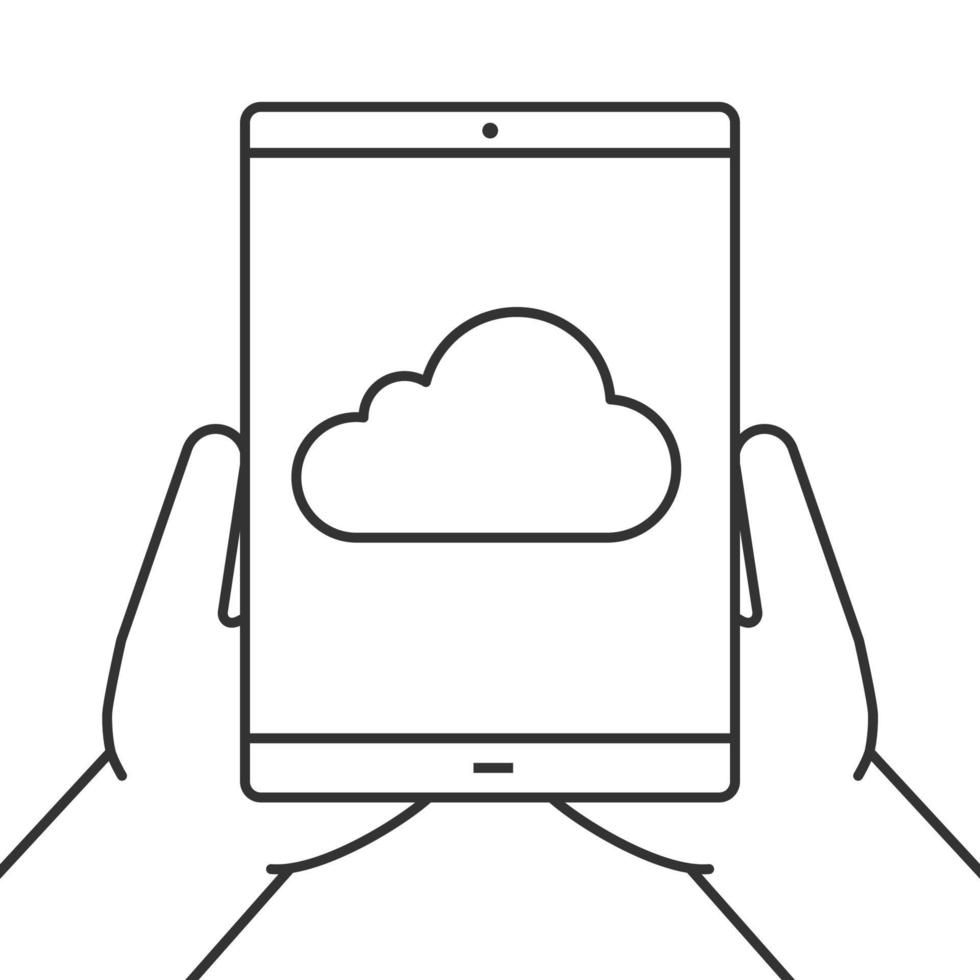 handen met het lineaire pictogram van de tabletcomputer. cloud opslag. weervoorspelling. dunne lijn illustratie. tabletcomputer met wolk. contour symbool. vector geïsoleerde overzichtstekening