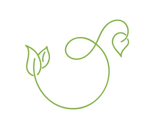 Groene monoline kalligrafie logo van groene blad ecologie vectorelement. Divider of hoek ontwerp voor bruiloft en Valentijnsdag, verjaardag wenskaart en web, eco aard pictogram vector