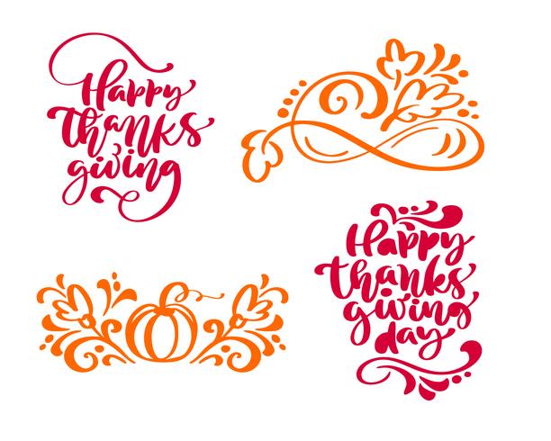 Set van vier kalligrafie zinnen Happy Thanksgiving en Happy Thanksgiving Day. Holiday Family Positieve tekst citeert belettering. Briefkaart of poster grafisch ontwerp typografie-element. Handgeschreven vector