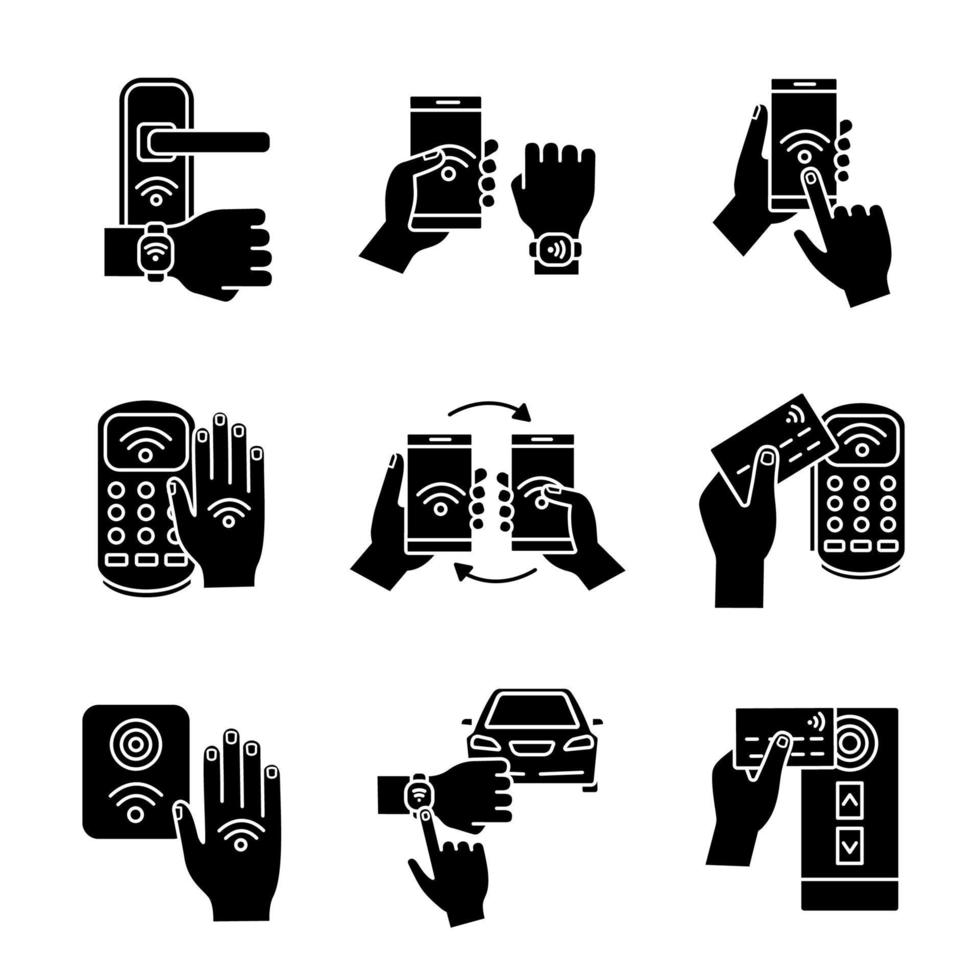 nfc technologie glyph iconen set vector