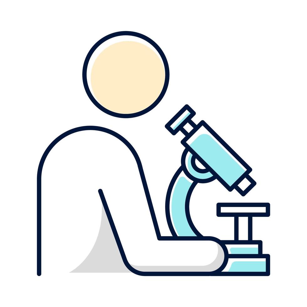 man met Microscoop kleur icoon. wetenschapper, arts aan het werk. organische chemie. laboratorium onderzoek. biologische experimenten uitvoeren. medische analyse. geïsoleerde vectorillustratie vector