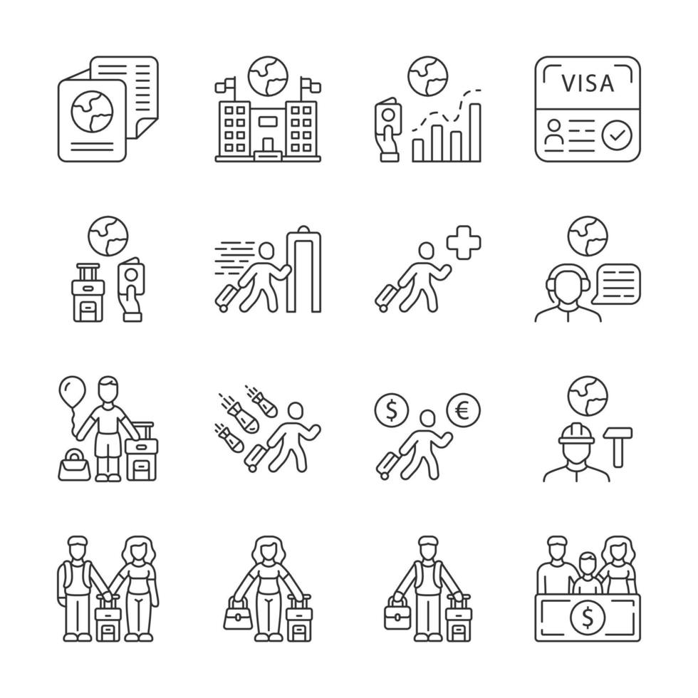 immigratie lineaire pictogrammen instellen. naar het buitenland reizen. reisplanning, vakantieorganisatie. hulp aan vluchtelingen. bescherming van migranten. dunne lijn contour symbolen. geïsoleerde vectoroverzichtsillustraties. bewerkbare streek vector