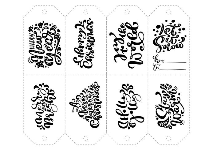 Vector kalligrafie set zinnen voor tags. Geïsoleerde Kerst Hand getrokken belettering illustratie. Hart vakantie schets doodle ontwerp kaart. decor voor print en decor