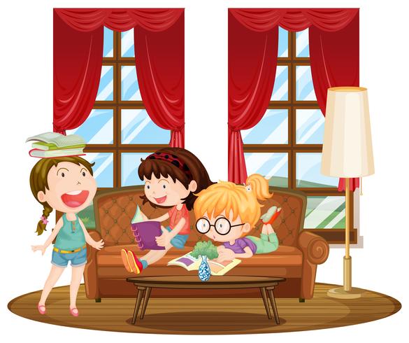 Drie meisjes die boeken in woonkamer lezen vector