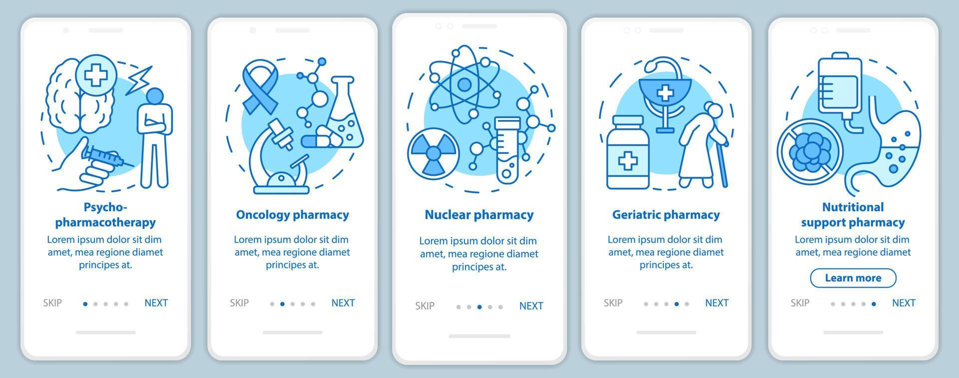 apotheekfiliaal onboarding mobiele app-paginascherm met lineaire concepten. nucleair en oncologisch geneesmiddelenonderzoek. geneeskunde ondersteunen. vijf walkthrough stappen grafische instructies. ux, ui, gui vectorsjabloon vector