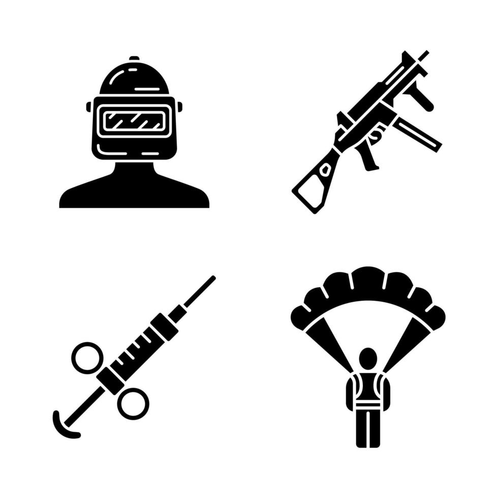 online game-inventaris glyph-pictogrammen instellen. esports, cybersporten. apparatuur voor computerspellen. veiligheidshelm, wapen, pistool, parachute, adrenalinespuit. silhouet symbolen. vector geïsoleerde illustratie