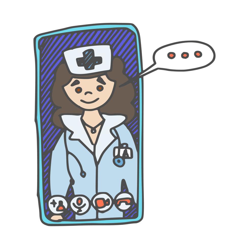smartphone verpleegkundige online. doodle stijl tekening nieuw vector