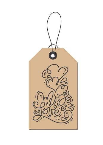 Vector monoline kalligrafie zin Mijn liefde op kraft label. Geïsoleerde Valentijnsdag Hand getrokken belettering illustratie. Hart vakantie schets doodle ontwerp valentijn kaart. liefdes decor voor web, bruiloft en print