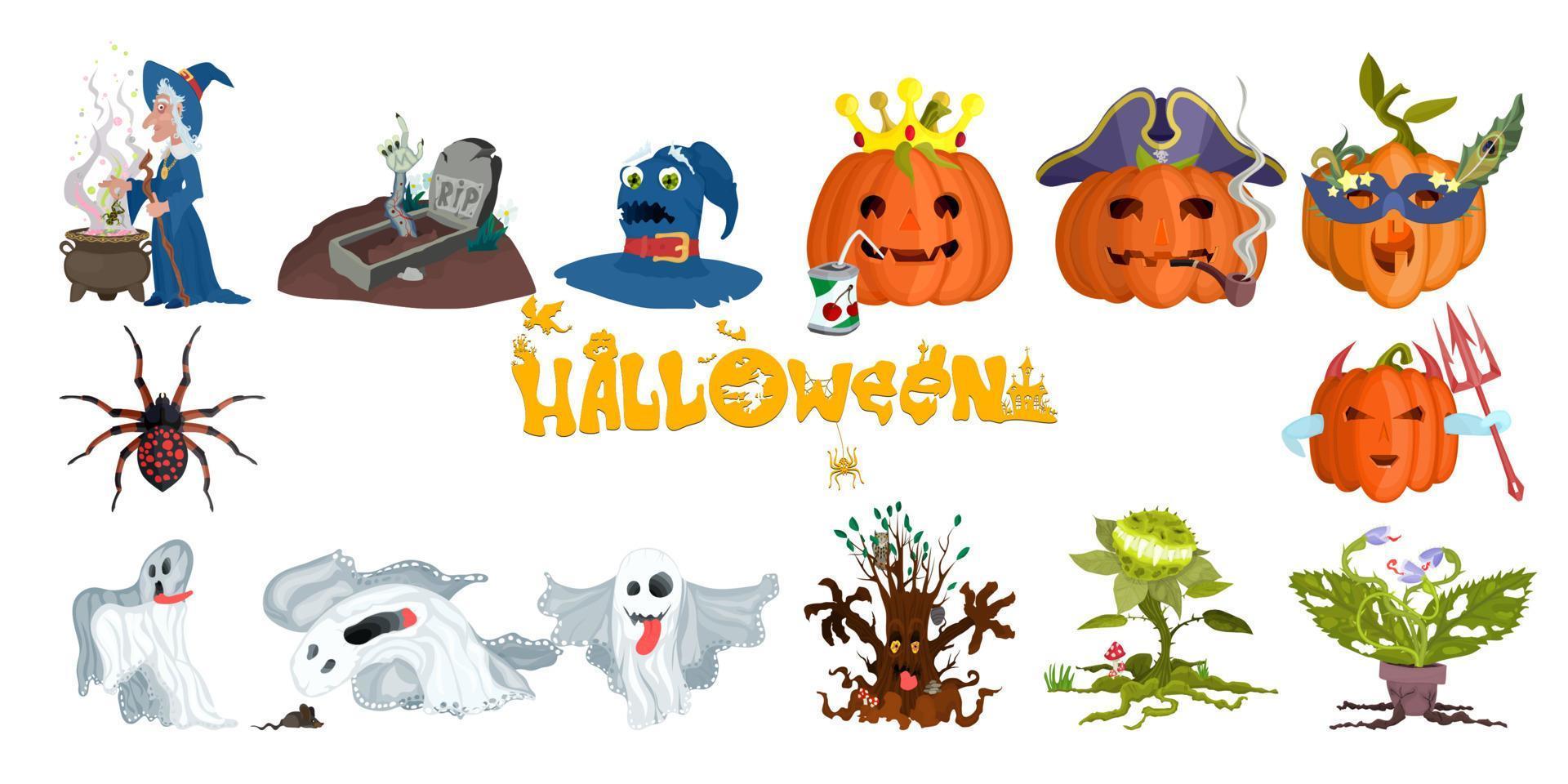 halloween karakter compilatie en belettering nieuw vector