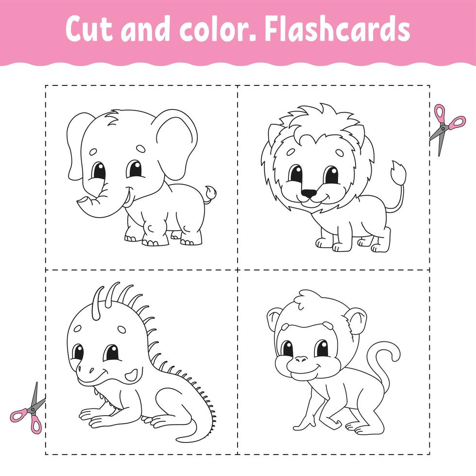 knippen en kleuren. flashcard ingesteld. leeuw, aap, leguaan, olifant. kleurboek voor kinderen. stripfiguur. schattig dier. vector