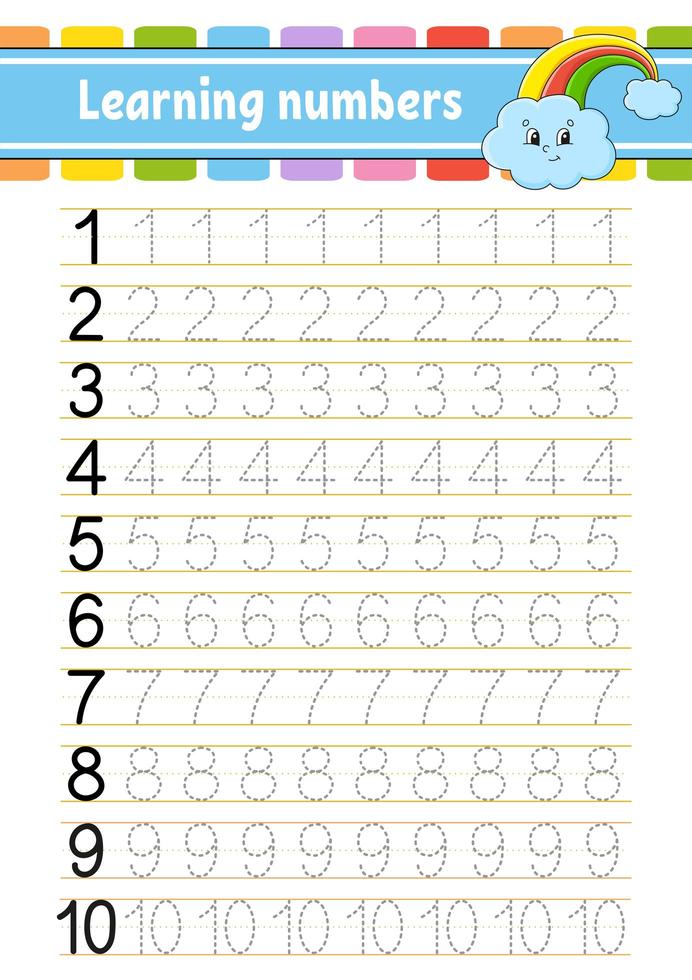 traceer en schrijf nummers. handschrift oefenen. cijfers leren voor kinderen. onderwijs ontwikkelen werkblad. activiteiten pagina. spel voor peuters. geïsoleerde vectorillustratie in schattige cartoon-stijl. vector