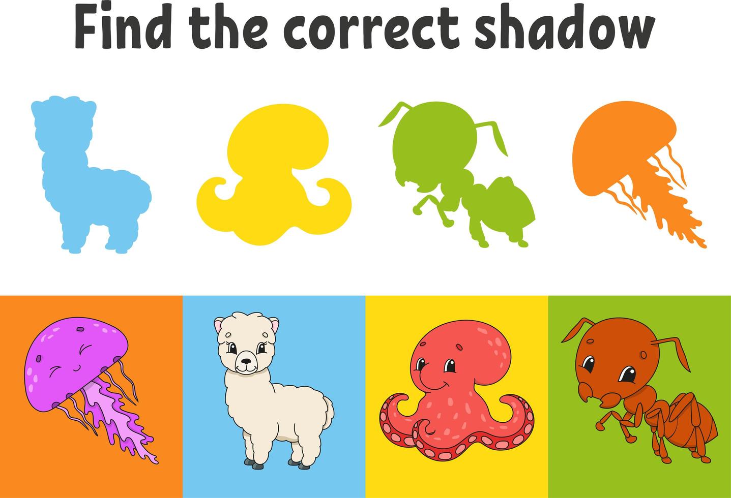 zoek de juiste schaduw. kwallen, alpaca, octopus, mier. onderwijs werkblad. bijpassende spel voor kinderen. kleur activiteitenpagina. puzzel voor kinderen. stripfiguur. geïsoleerde vectorillustratie. vector