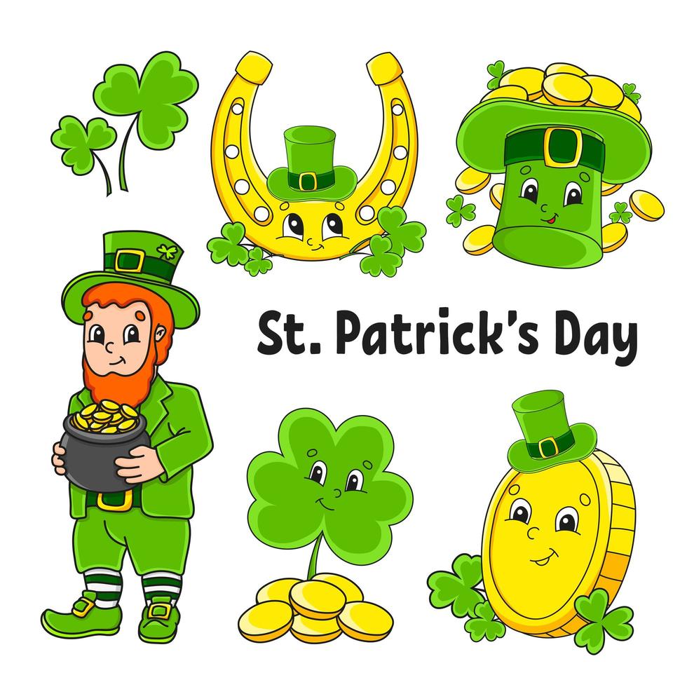 set kleurstickers voor kinderen. kabouter met een pot met goud, gouden munt, groene klaver, hoed, gouden hoefijzer. NS. Patrick's dag. stripfiguren. zwarte slag. geïsoleerde vectorillustratie. vector