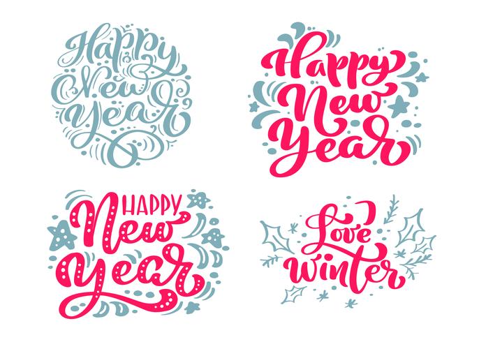 Gelukkig nieuw jaar vector tekst instellen Kalligrafische belettering Merry Christmas ontwerp kaartsjabloon. Creatieve typografie voor de Giftaffiche van de vakantiegroet. Kalligrafie Lettertype stijl Banner