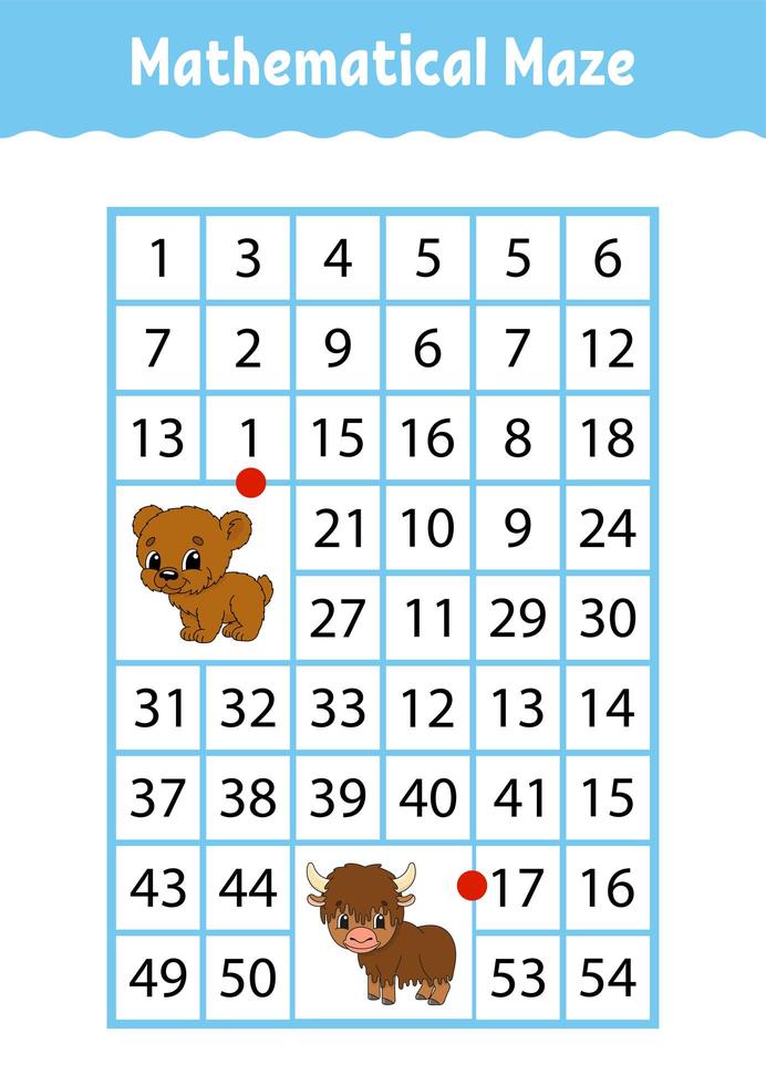 wiskundige rechthoek doolhof. beer en jak. spel voor kinderen. nummer labyrint. onderwijs werkblad. activiteiten pagina. raadsel voor kinderen. stripfiguren. vector