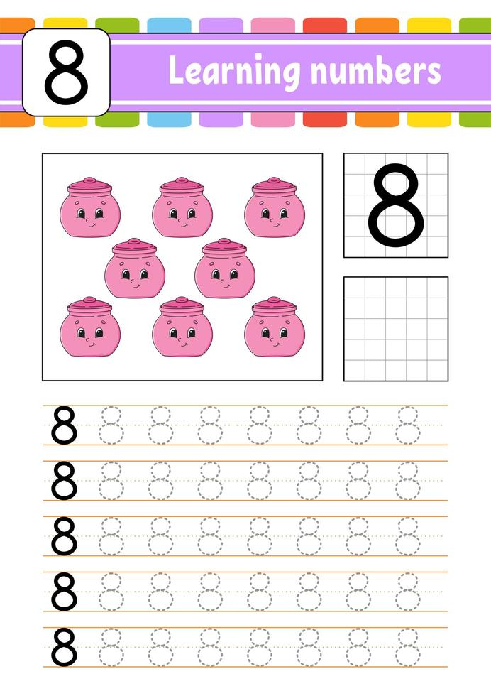 nummer 8. traceren en schrijven. handschrift oefenen. cijfers leren voor kinderen. onderwijs ontwikkelen werkblad. activiteiten pagina. geïsoleerde vectorillustratie in schattige cartoon-stijl. vector